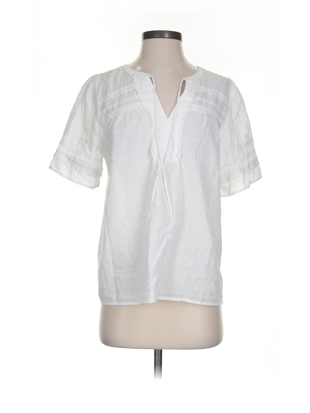 LOFT White Split-Neck Swiss Dot Short-Sleeve Blouse